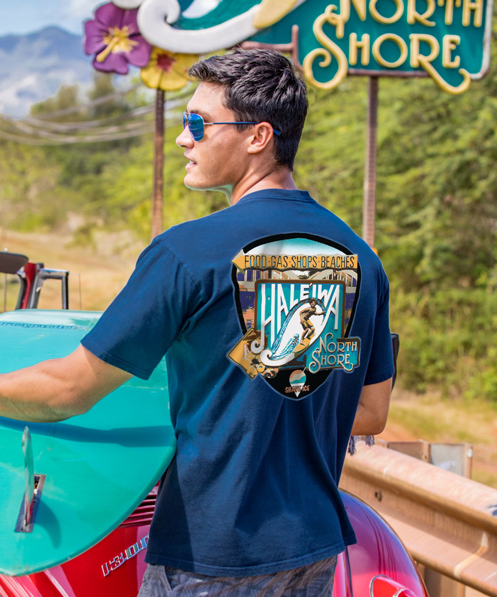 Haleiwa North Shore Signage - Navy Short Sleeve Crewneck T-Shirt