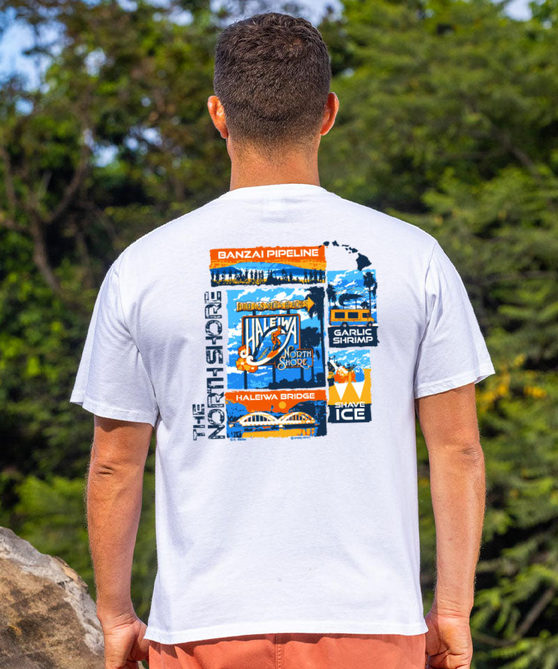 Haleiwa North Shore Collage - White Short Sleeve Crewneck T-Shirt